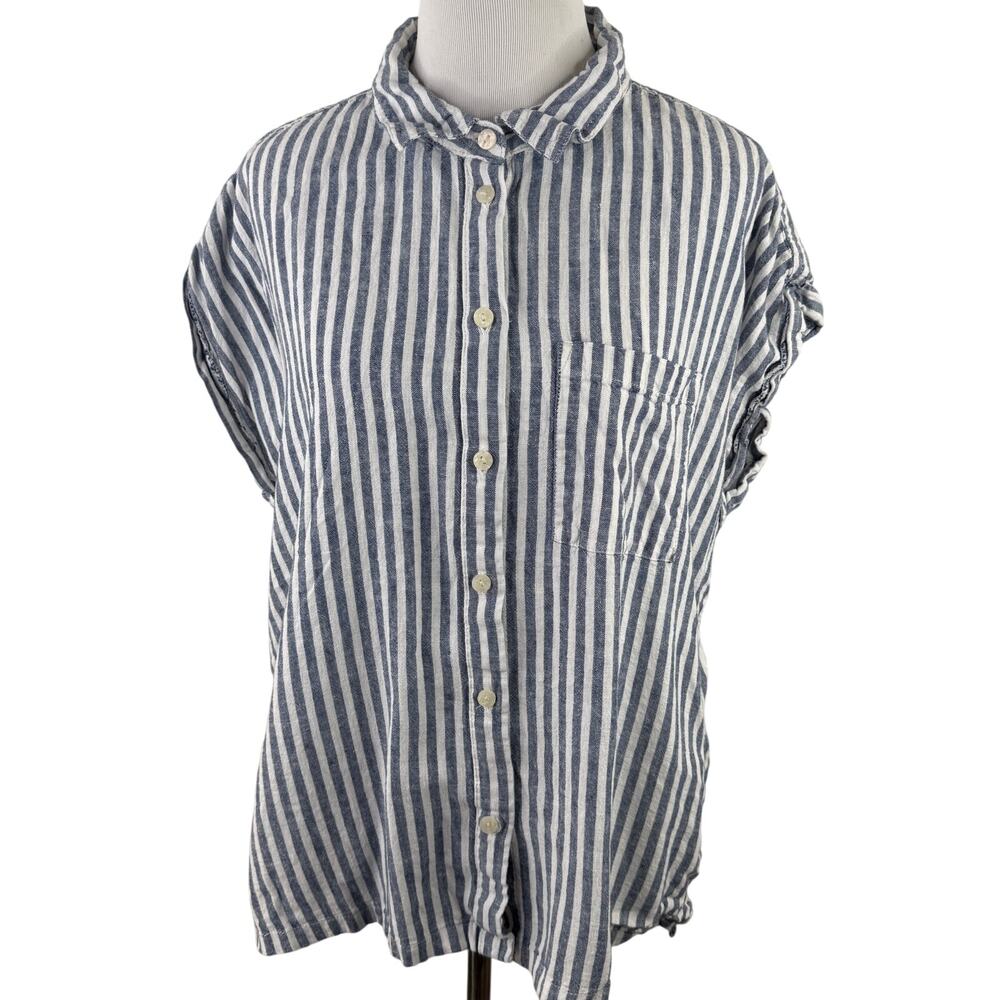 Orvis Women's Linen Stripped Button Up Shirt Size Large